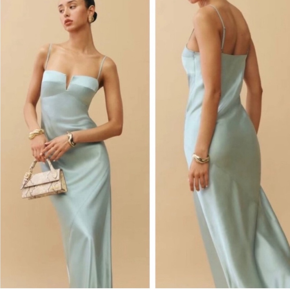 New NWT Reformation Brie Silk Maci Dress Aquamarine Blue